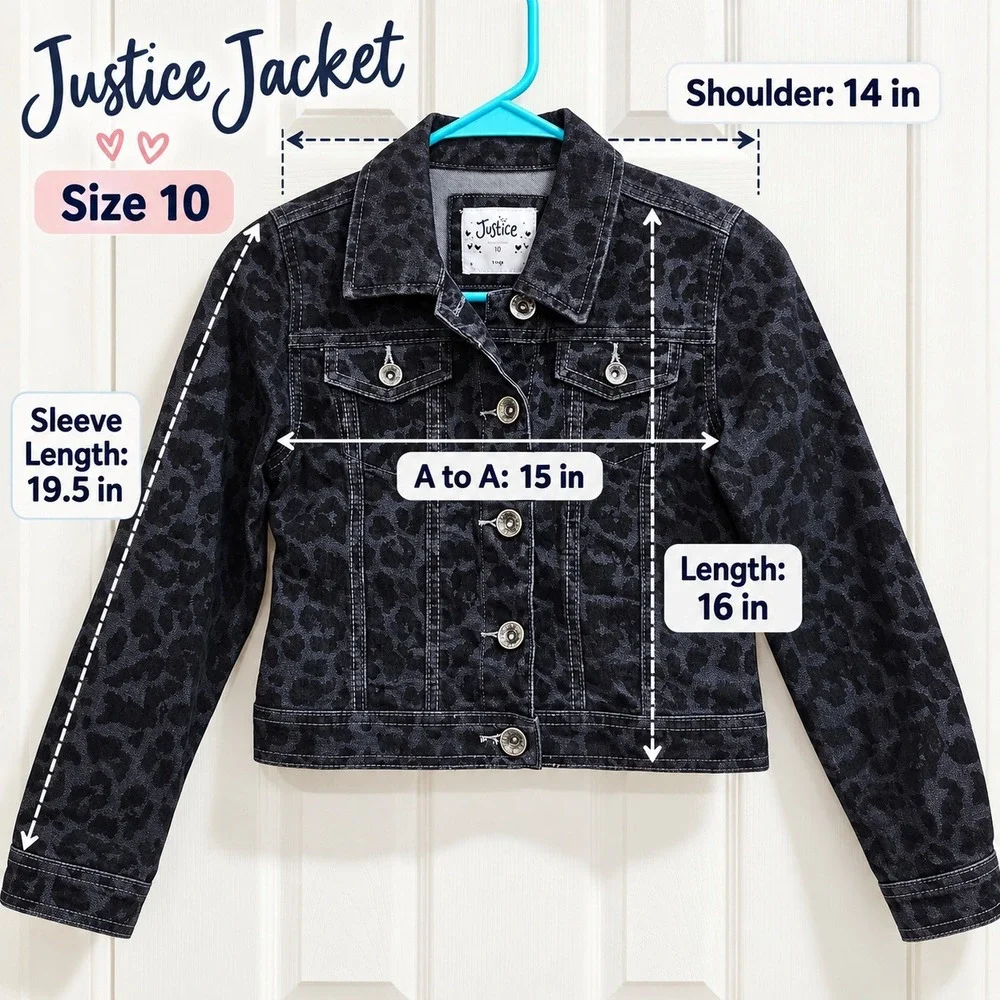 Justice Girls Size 10 Black Grey Leopard Animal Print Denim Trucker Jacket